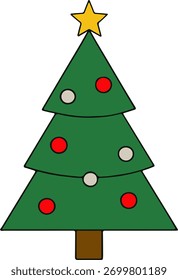 Vector decorado simple del árbol de navidad, ornamento festivo y diseño de la estrella
