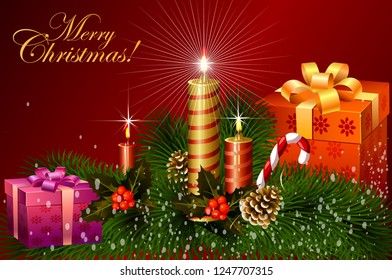 Simple decoration Merry Christmas with element & red background in paper illustration. Vector