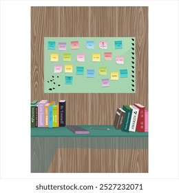 The simple decoration of study desk and colorful sticky notes on the wall.