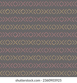 arte decorativo sencillo. cruces de cuadros dibujados a mano. fondo repetitivo amarillo rosado gris. patrón sin costuras vectorial. textura geométrica. muestra de tela. papel envolvente. plantilla de diseño para textiles, lino