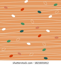 Simple decorative background, multicolored polka dot, white horizontal stripes on coral background. Vector illustration for design of social networks, textiles.