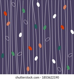 Simple decorative background, multicolored polka dots, snow flakes, white vertical stripes on dark blue background. Vector illustration for design of social networks, textiles, packaging for Christmas