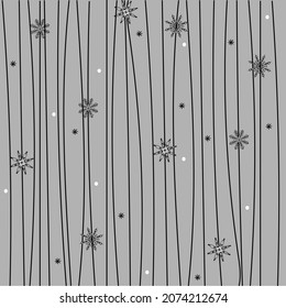 Simple decorative background, snowflakes, black vertical stripes on grey background. Vector illustration for design of social networks, textiles, packaging for Christmas