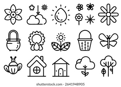 Simple and decorative black and white spring season vector icons illustrating nature and outdoors elements