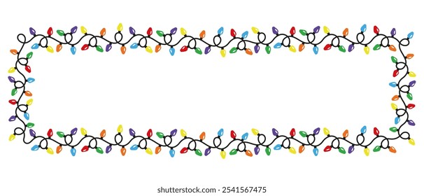 Simple decorative Christmas lights in flat style. Horizontal rectanglar shape frame. Vector design of lightbulb garland. Decorative element for xmas cards, invitations, banners, posters