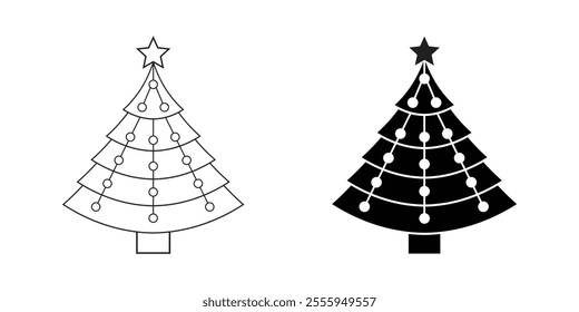 A simple decorative Christmas tree with line art, outline for coloring book Design.