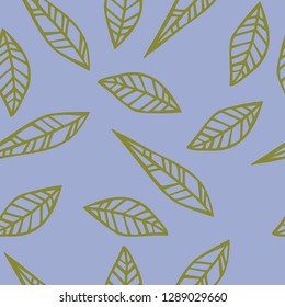 Simple decorative design of green leaves in a light purple background. 