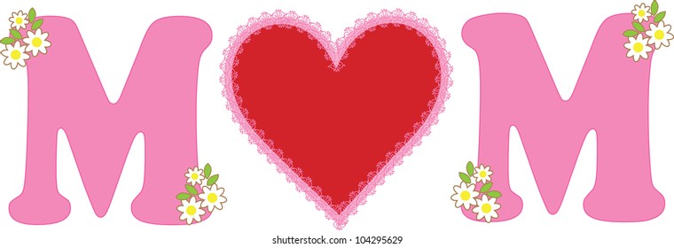 A simple decorative design, with a red heart placed between two pink letter M's, conveying the message of love for Mothers.