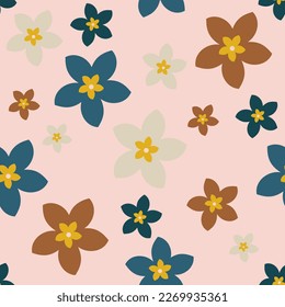 Simple decorative flowers of different colors on a pink background. Seamless botanical floral pattern for fashion fabrics. Vector