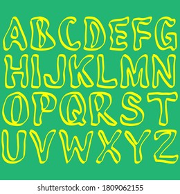 Simple decorative font.Yellow outline on green background.Vector alphabet.