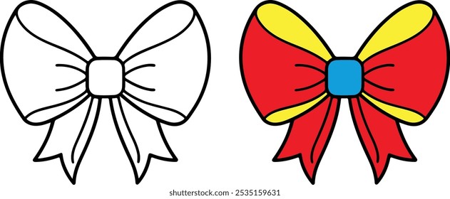 simple decorative holiday ribbon bows for gifts, to decorate hair on white background. Bow silhouette for gift wrapping for birthday, Christmas, New Year.