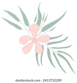 Simple and decorative pink flower with green leaves in flat doodle style. Pastel colors flower and leaves vector for design. Composition of plant element. Isolated on white background.