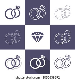 Simple decorative wedding rings icons collection vector illustration