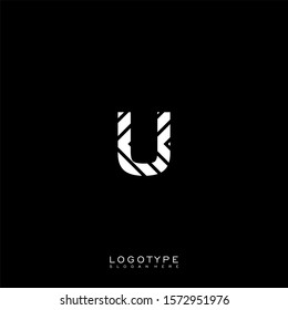 simple decorative white striped U logotype isolated on black background.