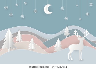 Simple Deer in forest with snow  christmas and winter season,paper art and digital craft style.