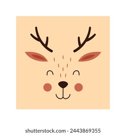 Simple deer portrait. Cute animal head portrait, kawaii deer face flat illustration
