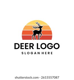 simple deer Silhouette with sunset logo design template vector	