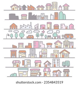 Simple deformed cute cityscape color illustration set warm colors