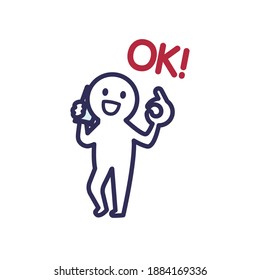 Una ilustración humana simple y deformada que da una señal OK mientras realiza una llamada telefónica