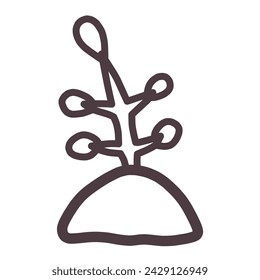 Simple deformed illustration of a tree seedling growing out of the ground.