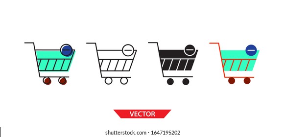 Simplemente elimine el icono del carro de la compra sobre fondo blanco 4 tipos como contorno, negro, color, contorno y color. Ilustración vectorial.