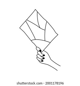 Simple y delicado libro o icono de papel en mano femenina. Elegante y acogedora ilustración de lo más destacado en las redes sociales. Niña o mujer leyendo una revista, folleto. Imagen para pegatina. Clipart para el salón de belleza