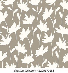 Simple delicate calm floral vector seamless pattern in pastel colors. Light flowers on a stem on a gray background. For printed fabrics, textiles, boho decor.