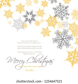 Simple delicate christmas card with gold and silver snowflakes on white background. Vector template