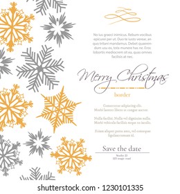Simple delicate christmas card with golden and silver snowflakes on white background. Vector template