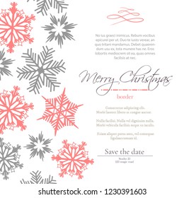 Simple delicate christmas card with red and silver snowflakes on white background. Vector template
