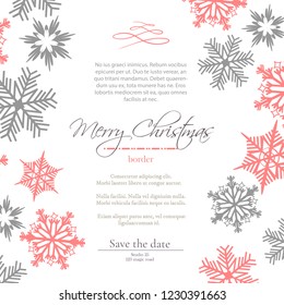 Simple delicate christmas card with red and silver snowflakes on white background. Vector template