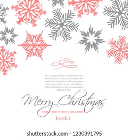 Simple delicate christmas card with red and silver snowflakes on white background. Vector template