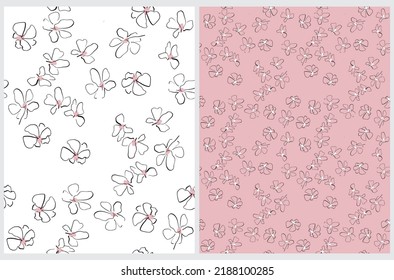 Simple Delicate Floral Seamless Vector Pattern with Abstract Hand Drawn Black-White Flowers isolated on a Light Pink and White Background. Abstract Garden Repeatable Print ideal for Fabric, Textile.