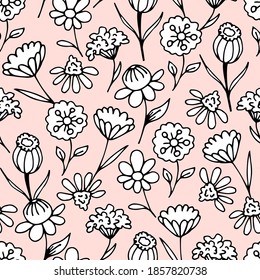 Simple delicate floral vector seamless pattern. White flowers on a light pink background. For prints of fabric, textile products, linen.