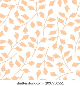 Simple delicate floral vector seamless pattern. Light pink-beige branches, foliage on a white background. For printing on fabrics, textiles, clothing, bed linen.