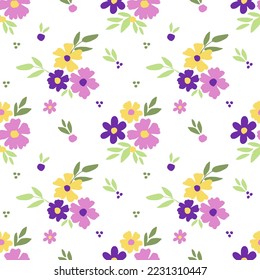 Simple delicate floral vector seamless pattern. Small wild flowers, leaves on a white background. For fabric prints, textiles, clothes.