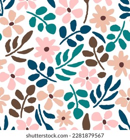 Simple delicate floral vector seamless pattern. Pink flowers, brown and blue branches, leaves on a white background. Spring-summer collection. For fabric prints, textiles, clothes.