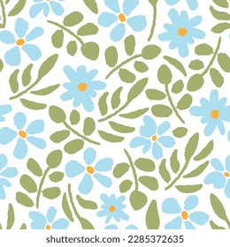Simple y delicado vector floral sin fisuras. Flores azules, ramas verdes, hojas sobre un fondo blanco. Colección primavera-verano. Para impresiones de tela, textiles, ropa.
