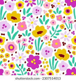 Simple delicate floral vector seamless pattern. Pink lilac flowers, green leaves, grass on a white background. Spring summer collection. For prints of fabrics, textiles, clothes.