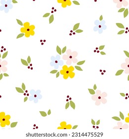 Simple y delicado vector floral sin fisuras. Flores pequeñas, hojas sobre un fondo blanco. Para impresiones de tela, productos textiles, ropa de verano.