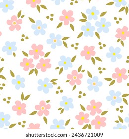 Simple delicate floral vector seamless pattern. Small light blue and pink flowers on a white background. For fabric prints, textile products, clothing.