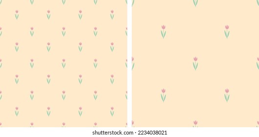 Simple delicate flower seamless repeat pattern vector illustration abstract tulip soft pastel colors green orange pink for print fabric textile fashion wallpaper background cards wrapping paper  web