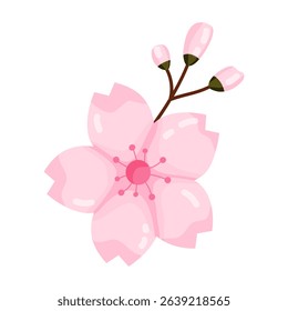 A simple delicate illustration of a single pink cherry blossom or sakura flower, with unopened buds on a small brown branch. This charming floral element beautifully captures spring essence. Ideal for