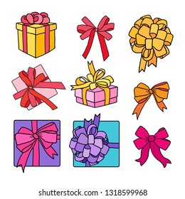 Simple and delicate vector illustration icon of a gift box with the ribbon. Lovely set collection.