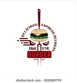 Simple Delivery Express Owl Eye Burger Hamburger with BBQ Fork for Burger Shop Logo Design Inspiration
