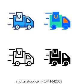 simple delivery truck icon in four style glyph, line, flat and filled line