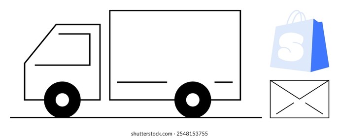 Un simple camión de reparto cerca de una bolsa de compras y un sobre representa el comercio electrónico y los servicios postales. Ideal para servicios de entrega, logística, comercio electrónico, envío y compras en línea