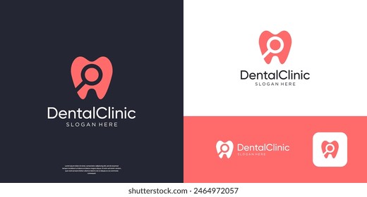 Simple dental care with search symbol logo design.