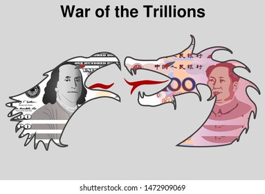 A simple depiction of an American bald eagle as a US dollar bill and a Chinese dragon as a RMB Yuan bill face to face screaming at each other