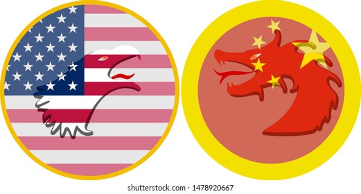 A simple depiction of an American bald eagle on the stars and stripes in a round seal and a Chinese dragon on the Chinese flag in a round emblem face to face screaming at each other